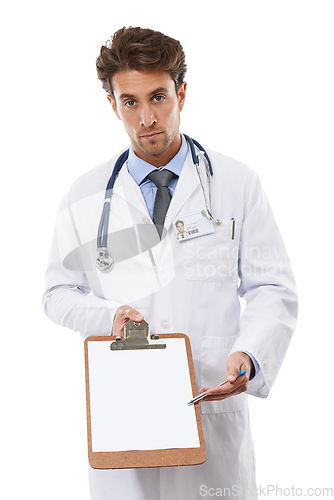 Image of Doctor, man or portrait in studio by clipboard and diagnosis in healthcare administration in mockup. Specialist, face and serious in medicine checklist, script and life insurance by white background