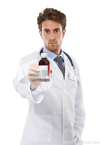 Image of Doctor, man and medicine in studio for advice, prescription medication and consultant in pharmaceuticals. Pharmacist, face or otc syrup in healthcare support, bottle or drugs help by white background