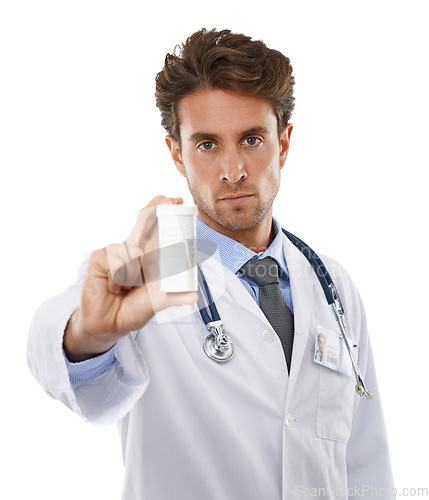 Image of Doctor, serious and portrait in studio with tablet, prescription medication and healthcare with pharmaceuticals. Pharmacist, face and advice for medicine support, pills and drugs by white background