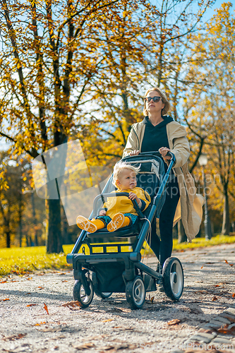 Image of Young beautiful mother wearing a rain coat pushing stroller with her little baby boy child, walking in city park on a sunny autumn day