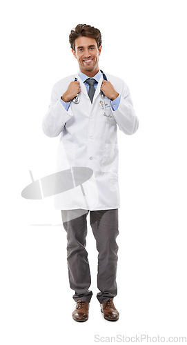 Image of Doctor, happy and portrait in studio by stethoscope, positive and pride in medical career. Specialist, smile face and man as medicine consultant and healthcare employee for trust by white background