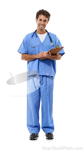 Image of Man, nurse and portrait with documents in studio for medical checklist, assessment and consultation. Professional or healthcare doctor writing notes with clipboard for services on a white background