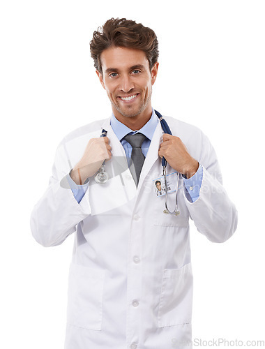 Image of Doctor, portrait and studio with stethoscope for healthcare, employee and positive with medical career. Specialist, man and face of cardiologist for medicine and consultant trust by white background