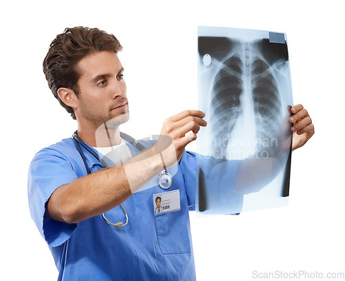 Image of Doctor, xray analysis and radiology results in studio for healthcare research, assessment or solution. Professional radiologist or expert with medical exam for anatomy and bone on a white background