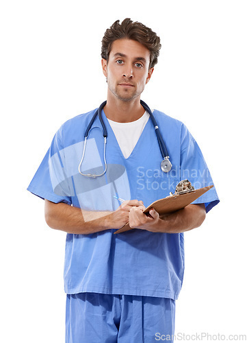 Image of Man, doctor and portrait with documents in studio for medical checklist, assessment and consultation. Professional or healthcare nurse writing notes with clipboard for services on a white background