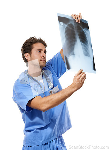 Image of Doctor, man and radiologist by xray in studio, surgery analysis and chest chart for thinking in mockup. Specialist, planning and lungs radiograph for asthma disease and ribs mri by white background