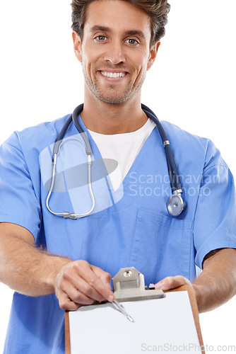 Image of Doctor, portrait and form in studio by clipboard and surgery paperwork for healthcare administration. Surgeon, face and consulting on signature paper and life insurance in trust by white background