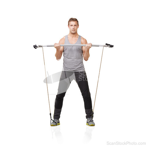 Image of Exercise, man and resistance band with portrait, training and fitness isolated on white studio background. Mockup space, person and model with workout, healthy and wellness with energy and stretching