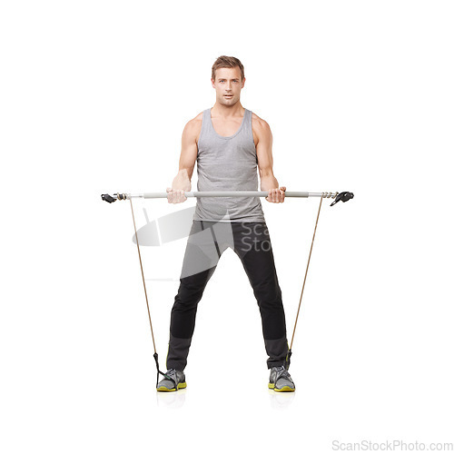 Image of Stretching, man and resistance band with portrait, training and fitness isolated on white studio background. Mockup space, person and cardio with workout, health and wellness with energy and exercise