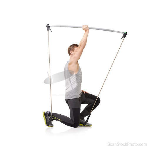 Image of Stretching man and resistance band with wellness, training and fitness isolated on white studio background. Mockup space, person and model with workout, healthy and progress with energy and exercise