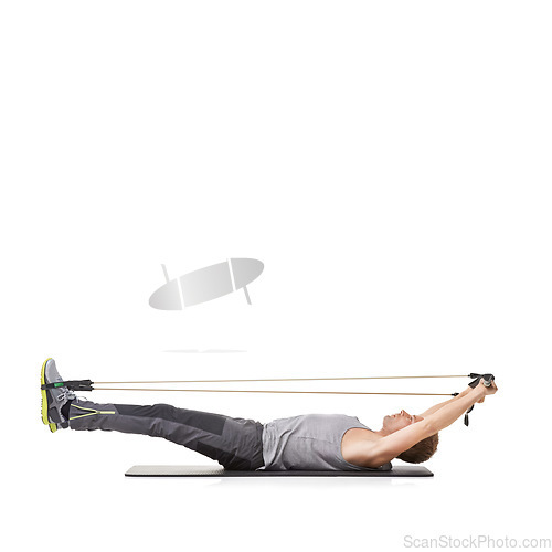 Image of Exercise, man and resistance band with fitness, workout and wellness isolated on white studio background. Mockup space, person or model with training, healthy and progress with energy or bodybuilding