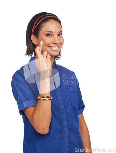 Image of Woman, fingers crossed and portrait in studio for good luck opportunity, promotion or competition winner. Female person, hand gesture and face on white background for mockup space, prize or lottery