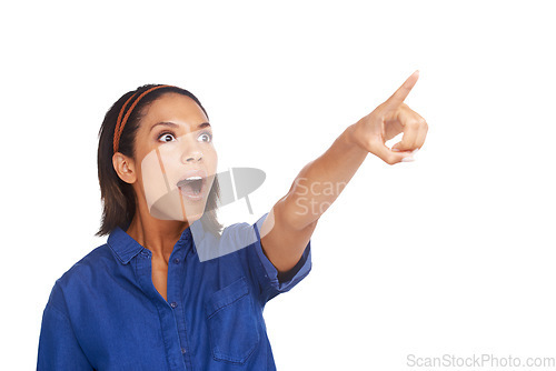 Image of Studio, surprise and woman point gesture at wow sales deal, commercial direction or advertising choice. Mockup space, omg facial expression and shocked model show discount news on white background