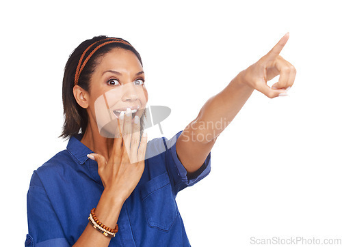 Image of Studio portrait, surprise and woman point at wow sales deal, commercial direction or advertising choice. Mockup space, wtf facial expression or shocked person reaction to news ads on white background