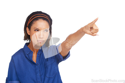 Image of Woman, pointing and angry in studio or white background for frustrated protest, judge fail or mockup space. Female person, model and hand gesture for unhappy glare or bad news, opinion or upset blame