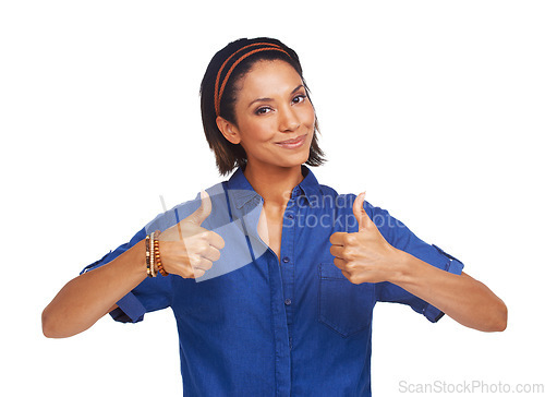 Image of Woman, thumbs up and portrait in studio for agreement or good news, support or vote yes. Female person, face and hand gesture on white background for mockup space as winning results, approval or like