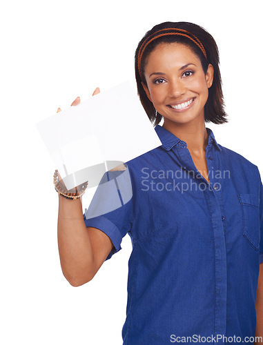 Image of Woman, portrait and placard as mockup space in studio on white background for advertising, information or promotion. Female person, face and board poster for presentation, about us or communication
