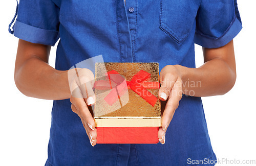 Image of Person, hands and gift box present in studio for birthday celebration, holiday party or white background. Package, event and ribbon for surprise winning giveaway or anniversary, valentines or parcel