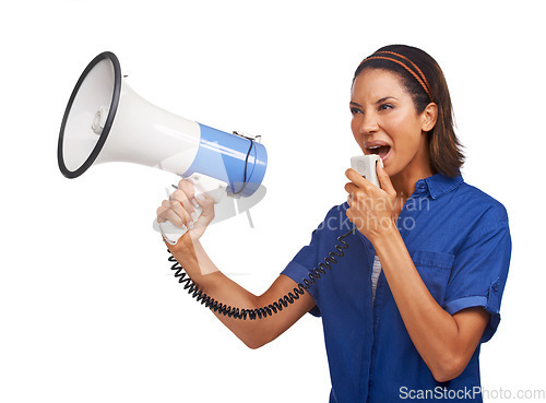 Image of Megaphone communication, angry and woman scream, talking or broadcast speech on racism, human rights or empowerment. Protest rally, bullhorn announcement voice and studio speaker on white background