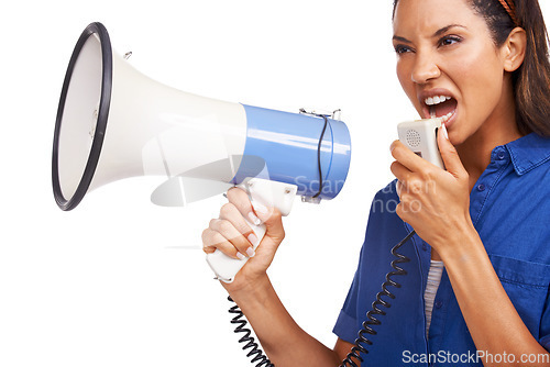 Image of Megaphone communication, studio and woman scream, angry or broadcast revolution speech on gender equality. Government politics protest, announcement sound or loud speaker isolated on white background