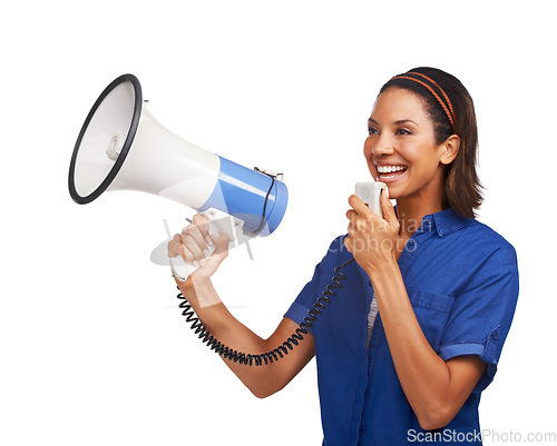 Image of Megaphone communication, studio smile and woman broadcast speech on promotion, sales news or discount deal. Commercial announcement, notification sound and happy speaker talking on white background