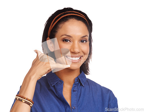 Image of Studio portrait, happy and woman call me gesture for communication, networking or contact us conversation. Emoji symbol, connection and face of model smile for discussion isolated on white background