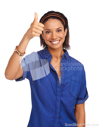 Image of Woman, thumbs up and portrait in studio for happy agreement, good news or support yes. Female person, face and hand gesture on white background for mockup space as winning, vote results or approval