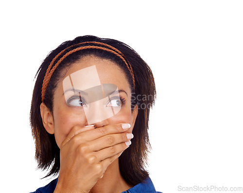 Image of Face, mouth cover and woman thinking, shocked or looking at sales deal promo, fake news or surprise info. Wow, omg announcement and person react to drama, studio offer or gossip on white background