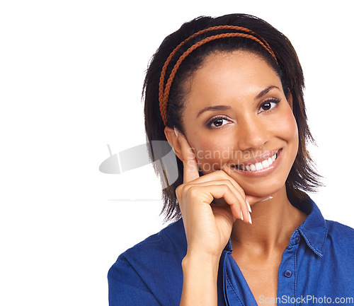 Image of Portrait, happy and beauty with a young black woman in studio isolated closeup on a white background. Face, wellness and smile with a person looking confident with her antiaging skincare treatment