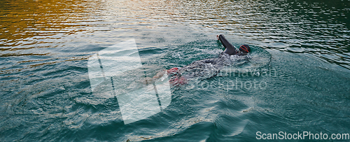 Image of A professional triathlete trains with unwavering dedication for an upcoming competition at a lake, emanating a sense of athleticism and profound commitment to excellence.