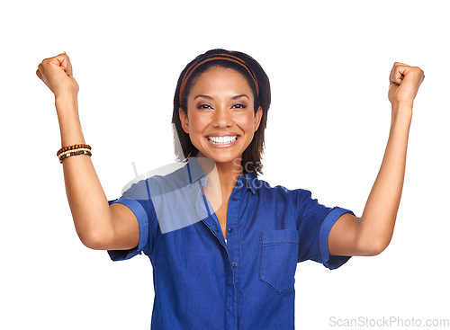 Image of Happy, portrait or black woman in studio for celebration, achievement or goals with bonus reward. Excited, winner or African model with prize, success or smile for target isolated on white background