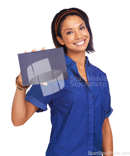 Image of Studio portrait, happy woman and mockup placard for sales deal promo, commercial or advertising info. Sign space, billboard announcement and model notification, offer or discount on white background
