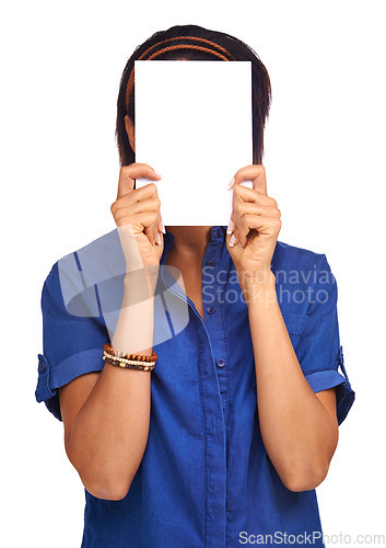 Image of Woman, poster mockup and space in studio for promotion, white background for advertising information. Female person, hiding face and board placard for presentation, about us news or communication