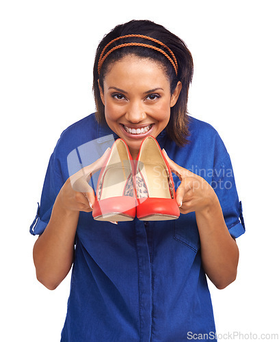 Image of High heel shoes, fashion portrait and excited woman with retail deal, gift present or shopping spree sales. Studio, commercial choice or shopaholic customer with boutique footwear on white background