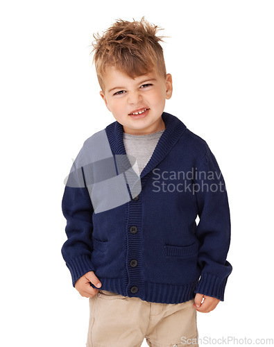 Image of Portrait, cute and young kid in studio isolated on a white background in Australia. Face, child and adorable boy standing in casual clothes, fashion and confident model, preschooler and schoolchild