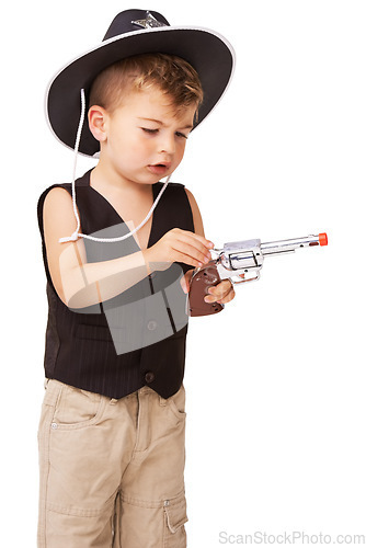 Image of Kid, cowboy hat and revolver gun in studio isolated on a white background mockup space. Child, toy pistol and play in western costume for halloween, shooting or young boy dress up on holiday for fun