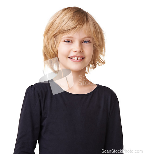 Image of Portrait, fashion and youth with a blonde girl in studio isolated on a white background for style. Smile, kids and confident a happy young child model in a casual, trendy or relaxed clothes outfit