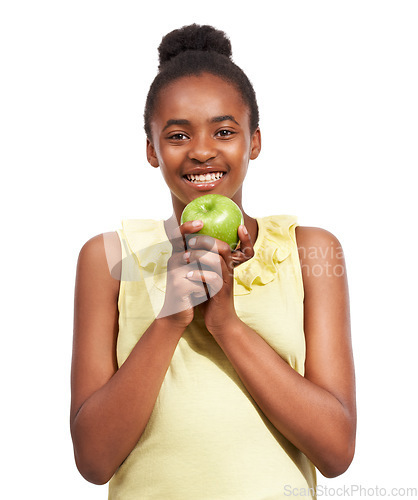 Image of Youth, smile and health with portrait of girl and apple in studio for nutrition, wellness and diet. Food, self care and vitamin c with face of African student and fruit on white background for fiber