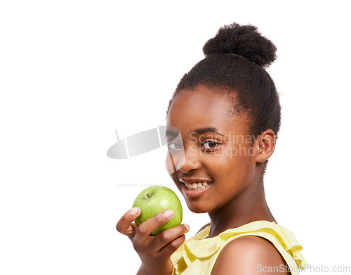 Image of Space, health and portrait of girl and apple in studio for nutrition, wellness and diet. Food, self care and vitamin c with face of African student and fruit on white background for fiber mockup