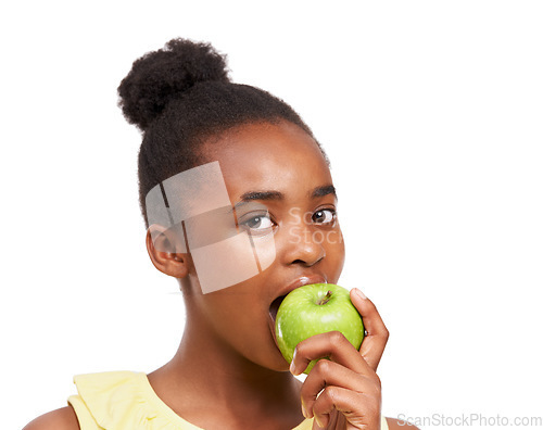 Image of Eating, health and portrait of girl and apple in studio for nutrition, wellness or diet. Food, self care and vitamin c with face of African student and fruit on white background for fiber and balance