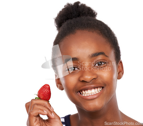 Image of Nutrition, health and portrait of girl and strawberry in studio for smile, wellness and diet. Food, self care and vitamin c with face of African teenage child and fruit on white background for mockup