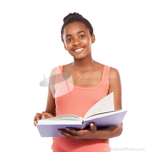 Image of Portrait, smile and black girl with a book, education and knowledge isolated on a white studio background. Face, African person or child with hobby, happy and teenager with info, student and learning