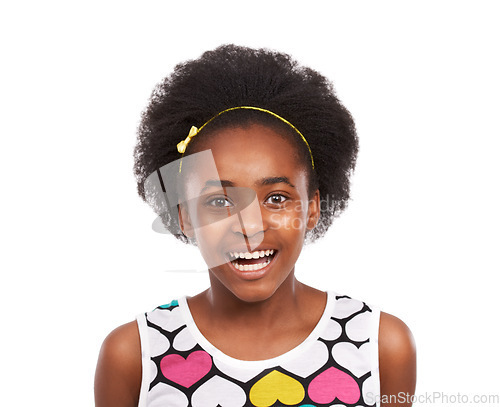 Image of Smile, portrait and young black girl in a studio with positive, good and confident attitude. Sweet, happy and headshot face of gen z African teenager with natural hair isolated by white background.