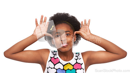 Image of Goofy, funny and portrait of black girl in a studio with tongue out for crazy facial expression. Comedy, joke and young African child with tease, comic and silly face isolated by white background.