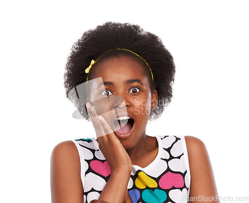 Image of Shock, portrait and young black girl in a studio with wow, wtf or omg facial expression for good news. Sweet, excited and headshot of African teenager with surprise face isolated by white background.