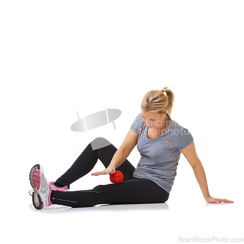 Image of Woman, massage ball and healing for health in studio, injury and wellness by white background. Female person, athlete and physical therapy or rehabilitation for muscles in legs and body in mockup