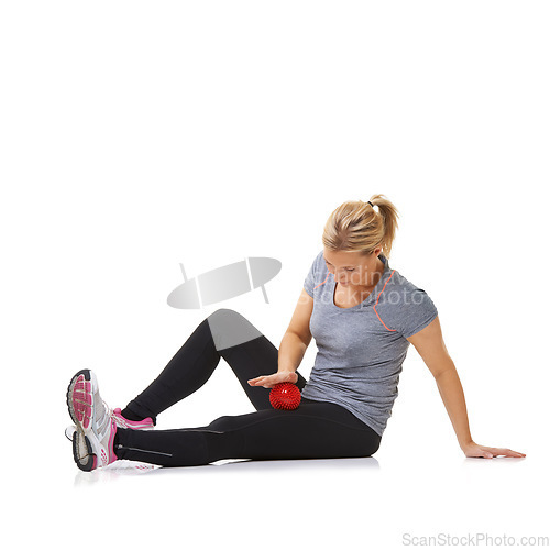 Image of Woman, massage ball and healing body or rehabilitation, injury and health or wellness by white background. Female person, athlete and physical therapy in studio for muscles in legs and body in mockup