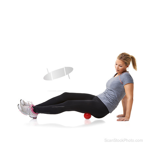 Image of Woman, massage ball and healing or yoga in studio, injury and health or wellness by white background. Female person, pilates and physical therapy or rehabilitation for muscles in body and mockup