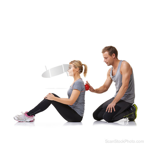 Image of Massage ball, physiotherapy and studio with a woman with sport, fitness and workout back injury. Physical therapy, man and wellness with physio health and helping with white background and support