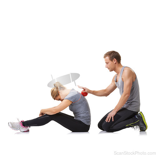 Image of Massage ball, sport physiotherapy and studio with a woman with fitness and workout back injury. Physical therapy, man and wellness with physio health and helping with white background and support